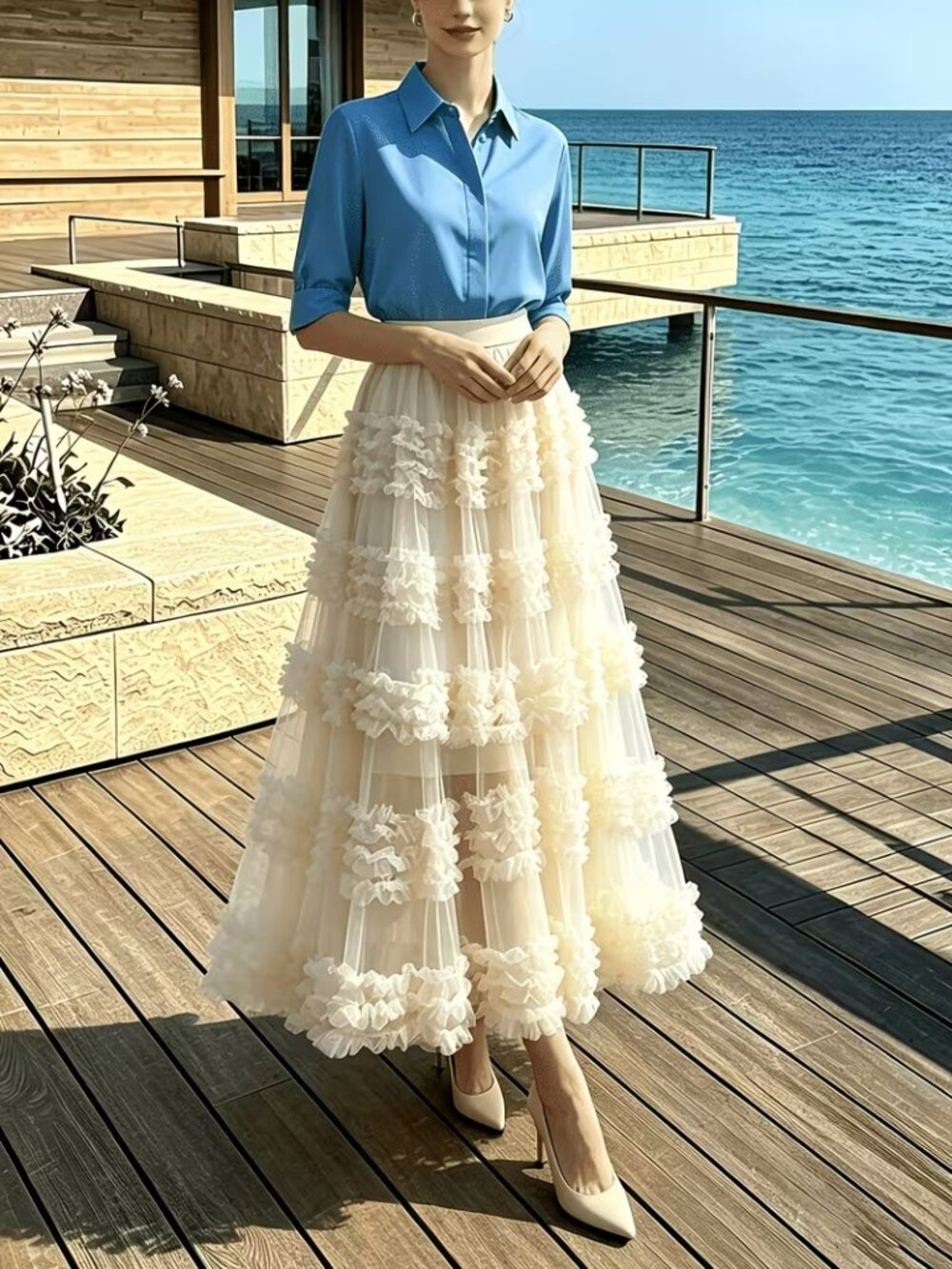 Romantic Cream Tiered Maxi Skirt with Ruffle Accents - Picture 3 of 6